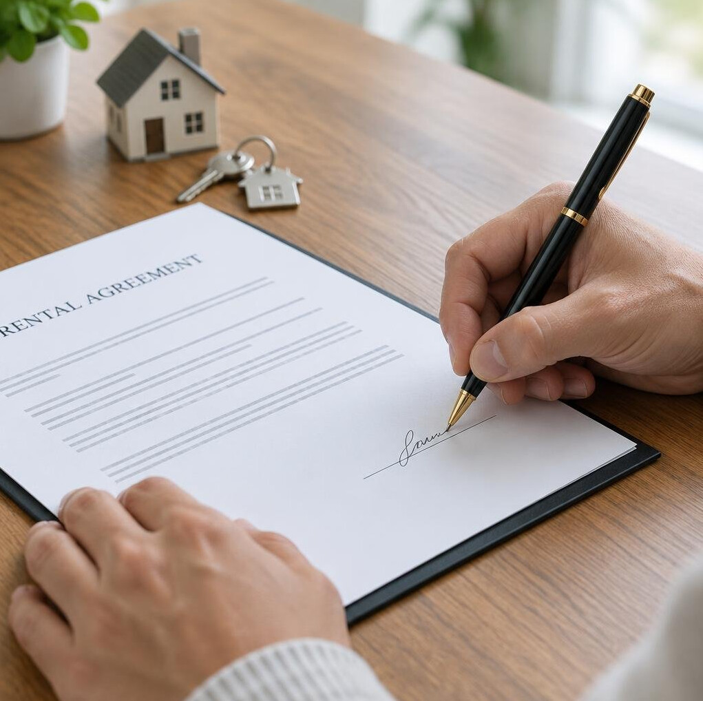 Hands signing a rental contract on a table